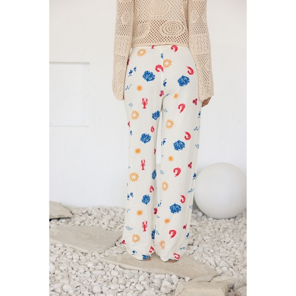 Printed Linen Pull On Pants - White - Picture 4 of 7